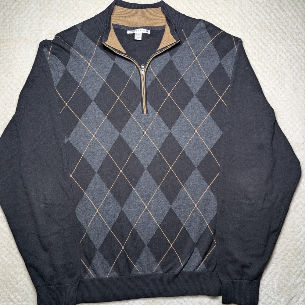 Cutter &‎ Buck Argyle Quarter Zip Sweater Gray Cotton Pullover Men's XL